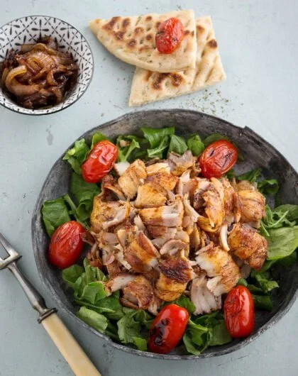 Delicious chicken yeeros with caramelized onions, mushrooms and fresh herbs